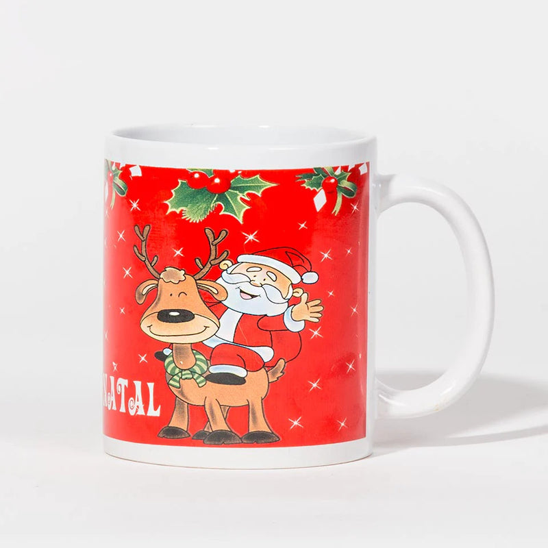 Caneca de Natal FELIZ NATAL Rena e Pai Natal