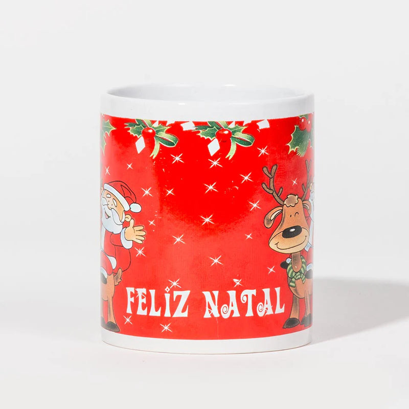 Caneca de Natal FELIZ NATAL Rena e Pai Natal